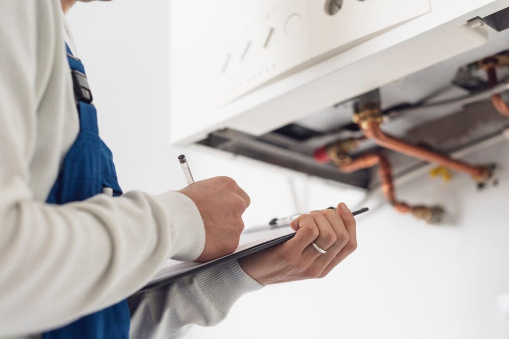 Professional plumber doing a boiler check