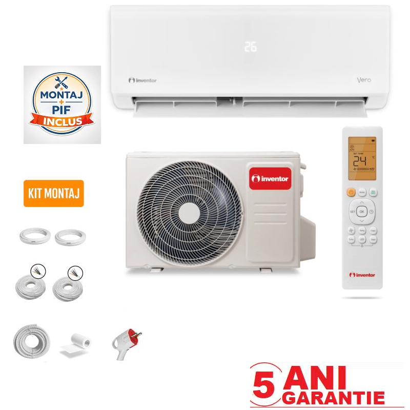 Pachet montaj - Aer Conditionat INVENTOR VERO Wi‑Fi 12000 BTU cu Montaj si Accesorii incluse (Valabil pentru Dej + 40km)