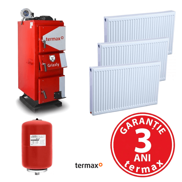Untitled Pachet Cazan pe lemn Termax Grizzly 27 kW cu ventilator si automatizare + Radiatoare Ferroli si Vas expansiune (Suficient pentru ~180 mp)