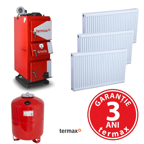 Untitled Pachet Cazan pe lemn Termax Grizzly 40 kW cu ventilator si automatizare + Radiatoare Ferroli si Vas expansiune (Suficient pentru ~250 mp)