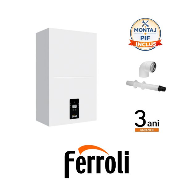 ferroli 2 Pachet Montaj Centrala Termica Ferroli BLUEHELIX ALPHA 28C, 28 kW, Condensare, Gaz / GPL, Inox + Kit Evacuare + Montaj + PIF (valabil pentru Dej+40Km)