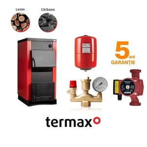 Pachet Cazan pe lemn Termax 25 kW cu Vas expansiune 24L, Pompă circulație și Grup siguranță (Suficient pentru ~150 mp)