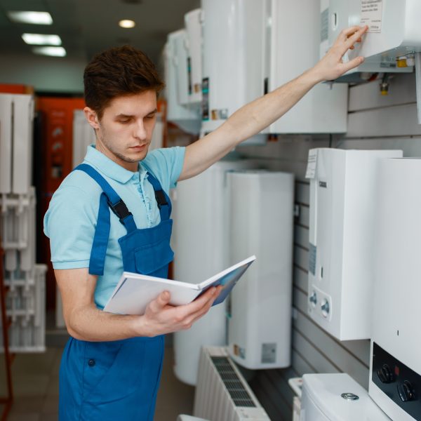 Plumber choosing boiler in plumbering store